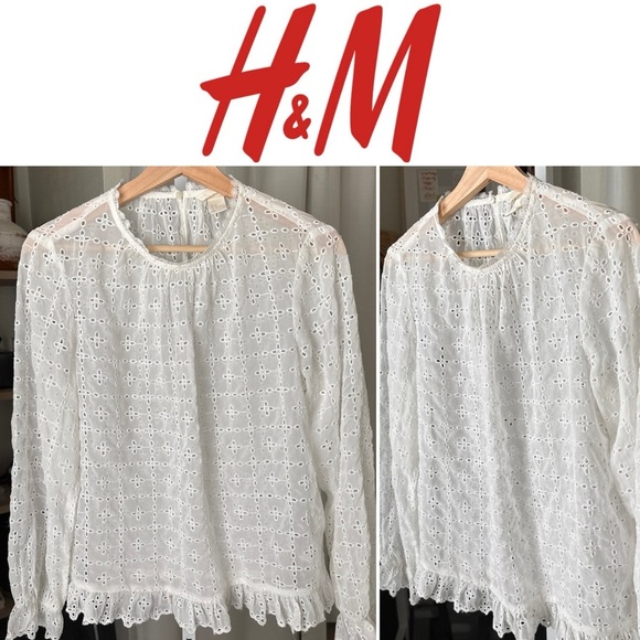 H&M Semi Sheer Eyelet Ruffled Blouse Top Women's Size 8 White Preppy Minimalist - Picture 1 of 6